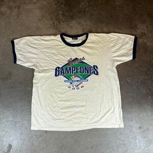 Leones Campeones Serie del Caribe 2006 Ringer T-Shirt Mens Cream Navy XL